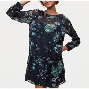 LOFT Winter Garden Flounce Dress Navy Blue Size XS New